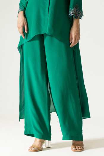 DAREISS Green Silk, Crepe Mandarin Collar Hydrangea Hand Embroidered Shirt And Pant Set Online at Aza Fashions DAREISS_Green Silk, Crepe Mandarin Collar Hydrangea Hand Embroidered Shirt And Pant Set _Online_at_Aza_Fashions