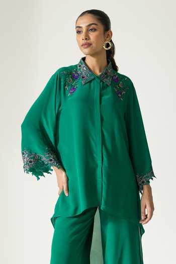 Buy DAREISS Green Silk, Crepe Mandarin Collar Hydrangea Hand Embroidered Shirt And Pant Set Online at Aza Fashions Buy_DAREISS_Green Silk, Crepe Mandarin Collar Hydrangea Hand Embroidered Shirt And Pant Set _Online_at_Aza_Fashions