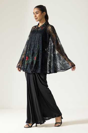 Shop DAREISS Black Silk, Satin, Lace Collared Neck Embroidered Cape Skirt Set Online at Aza Fashions Shop_DAREISS_Black Silk, Satin, Lace Collared Neck Embroidered Cape Skirt Set _Online_at_Aza_Fashions