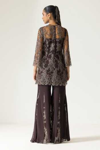 DAREISS Walnut Rose Hand Embroidered Kurta & Sharara Set 