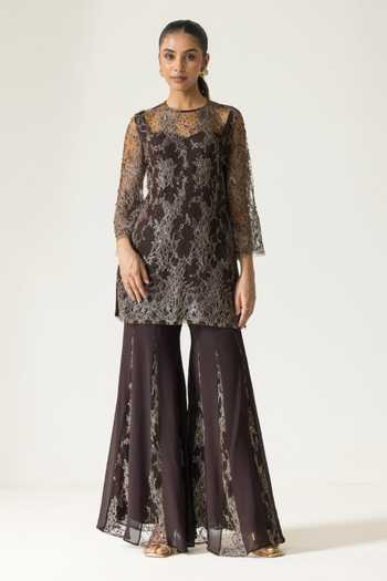 DAREISS Walnut Rose Hand Embroidered Kurta & Sharara Set 