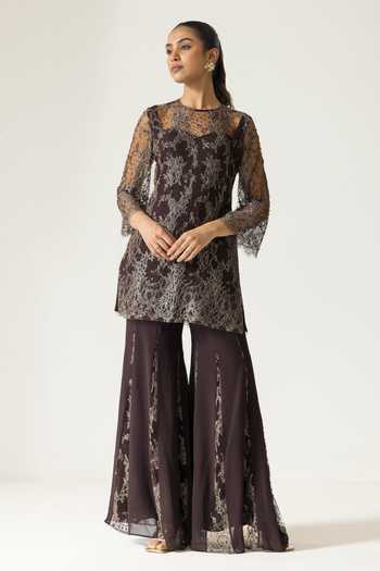 DAREISS Brown Silk, Georgette, Lace, Walnut Rose Hand Embroidered Kurta And Sharara Set Online at Aza Fashions DAREISS_Brown Silk, Georgette, Lace, Walnut Rose Hand Embroidered Kurta And Sharara Set _Online_at_Aza_Fashions