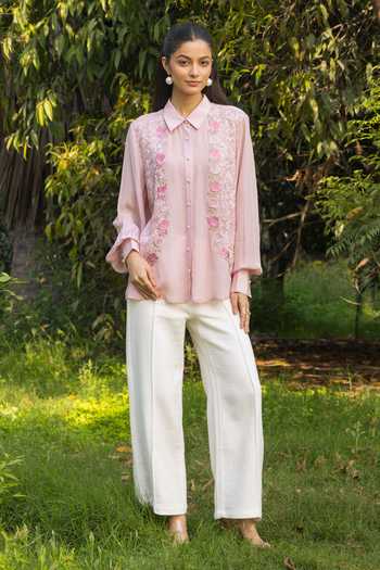 DAREISS Pink Satin Collared Neck Iris Floral Embroidered Shirt Online at Aza Fashions DAREISS_Pink Satin Collared Neck Iris Floral Embroidered Shirt _Online_at_Aza_Fashions