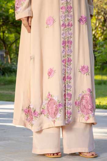 Buy DAREISS Beige Silk, Crepe Mandarin Collar Camellia Embroidered Kurta Set Online at Aza Fashions Buy_DAREISS_Beige Silk, Crepe Mandarin Collar Camellia Embroidered Kurta Set _Online_at_Aza_Fashions
