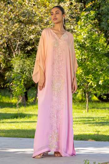 Buy DAREISS Peach Silk, Chiffon V-neck Marigold Hand Embroidered Kaftan Online at Aza Fashions Buy_DAREISS_Peach Silk, Chiffon V-neck Marigold Hand Embroidered Kaftan _Online_at_Aza_Fashions