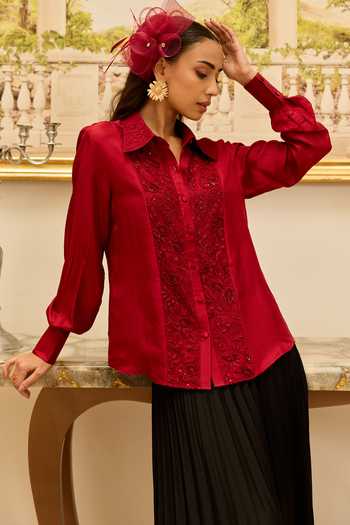 Shop DAREISS Red Silk, Twill Collared Neck Amule Hand Embellished Shirt Online at Aza Fashions Shop_DAREISS_Red Silk, Twill Collared Neck Amule Hand Embellished Shirt _Online_at_Aza_Fashions