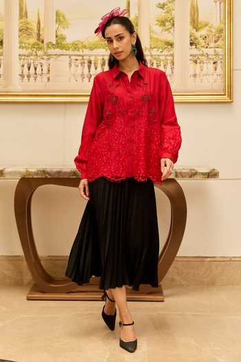 DAREISS Red Silk Collared Neck Crimson Hand Embroidered Shirt Online at Aza Fashions DAREISS_Red Silk Collared Neck Crimson Hand Embroidered Shirt _Online_at_Aza_Fashions