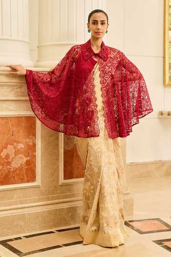 DAREISS Red Silk, Satin, Lace Collared Neck Floral Chantilly Work Cape Online at Aza Fashions DAREISS_Red Silk, Satin, Lace Collared Neck Floral Chantilly Work Cape _Online_at_Aza_Fashions
