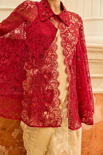 DAREISS Red Silk, Satin, Lace Collared Neck Floral Chantilly Work Cape at Aza Fashions DAREISS_Red Silk, Satin, Lace Collared Neck Floral Chantilly Work Cape _at_Aza_Fashions