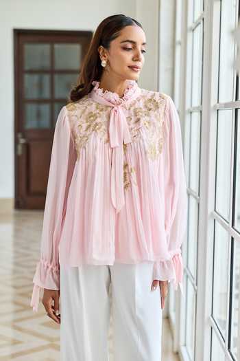 DAREISS Pink Silk, Chiffon High Neck Petal Floral Embroidered Top at Aza Fashions DAREISS_Pink Silk, Chiffon High Neck Petal Floral Embroidered Top _at_Aza_Fashions