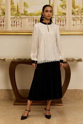 Shop DAREISS Pink Silk, Chiffon High Neck Petal Floral Embroidered Top Shop_DAREISS_Pink Silk, Chiffon High Neck Petal Floral Embroidered Top