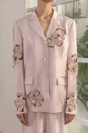 DAREISS Pink Dupion, Silk Dynastia Hand Embroidered Blazer And Pant Set at Aza Fashions DAREISS_Pink Dupion, Silk Dynastia Hand Embroidered Blazer And Pant Set _at_Aza_Fashions