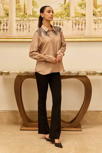 DAREISS Gold Silk Collared Neck Love Yoke Embroidered Shirt Online at Aza Fashions DAREISS_Gold Silk Collared Neck Love Yoke Embroidered Shirt _Online_at_Aza_Fashions