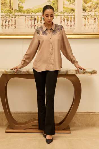 Shop DAREISS Gold Silk Collared Neck Love Yoke Embroidered Shirt Online at Aza Fashions Shop_DAREISS_Gold Silk Collared Neck Love Yoke Embroidered Shirt _Online_at_Aza_Fashions