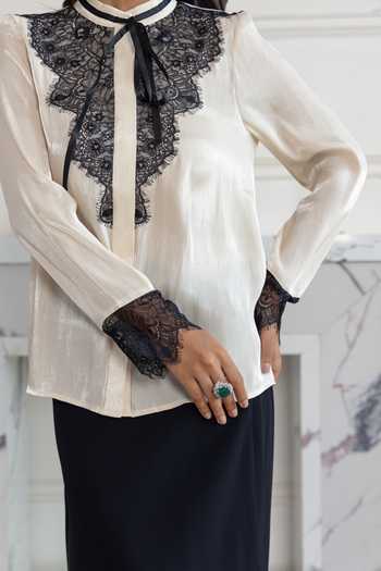 DAREISS Beige Chiffon Mandarin Collar Lace Embellished Shirt Online at Aza Fashions DAREISS_Beige Chiffon Mandarin Collar Lace Embellished Shirt _Online_at_Aza_Fashions
