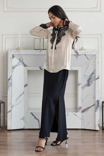 Buy DAREISS Beige Chiffon Mandarin Collar Lace Embellished Shirt Online at Aza Fashions Buy_DAREISS_Beige Chiffon Mandarin Collar Lace Embellished Shirt _Online_at_Aza_Fashions