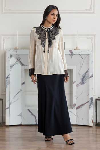 DAREISS Beige Chiffon Mandarin Collar Lace Embellished Shirt at Aza Fashions DAREISS_Beige Chiffon Mandarin Collar Lace Embellished Shirt _at_Aza_Fashions