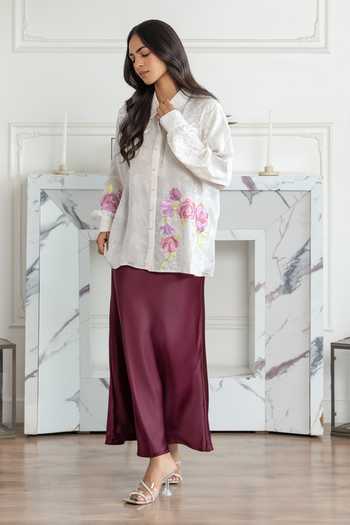 DAREISS Ivory Silk, Crepe, Jacquard Collared Neck Elysia Floral Hand Embroidered Shirt Online at Aza Fashions DAREISS_Ivory Silk, Crepe, Jacquard Collared Neck Elysia Floral Hand Embroidered Shirt _Online_at_Aza_Fashions