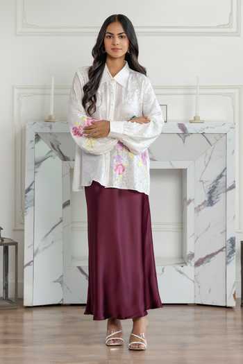 Shop DAREISS Ivory Silk, Crepe, Jacquard Collared Neck Elysia Floral Hand Embroidered Shirt Online at Aza Fashions Shop_DAREISS_Ivory Silk, Crepe, Jacquard Collared Neck Elysia Floral Hand Embroidered Shirt _Online_at_Aza_Fashions