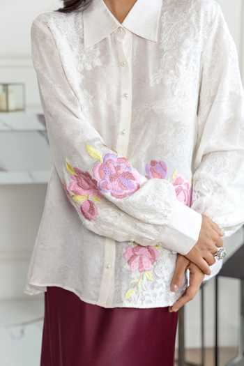 DAREISS Ivory Silk, Crepe, Jacquard Collared Neck Elysia Floral Hand Embroidered Shirt at Aza Fashions DAREISS_Ivory Silk, Crepe, Jacquard Collared Neck Elysia Floral Hand Embroidered Shirt _at_Aza_Fashions