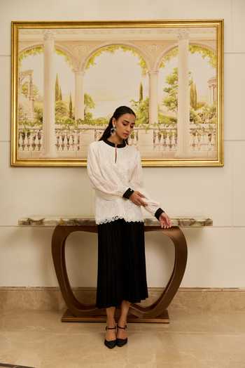 Buy DAREISS White Silk, Chiffon, Lace Mandarin Collar, Keyhole Neck Celestia French Top Online at Aza Fashions Buy_DAREISS_White Silk, Chiffon, Lace Mandarin Collar, Keyhole Neck Celestia French Top _Online_at_Aza_Fashions