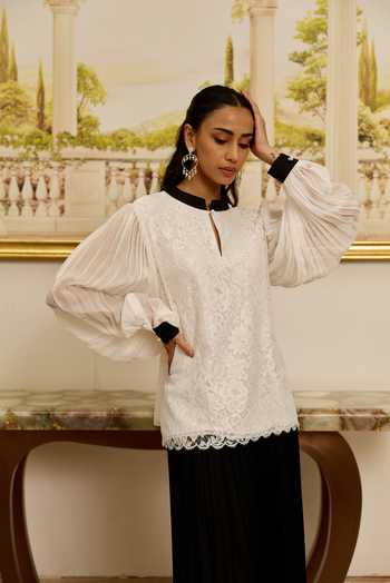 Shop DAREISS White Silk, Chiffon, Lace Mandarin Collar, Keyhole Neck Celestia French Top Online at Aza Fashions Shop_DAREISS_White Silk, Chiffon, Lace Mandarin Collar, Keyhole Neck Celestia French Top _Online_at_Aza_Fashions