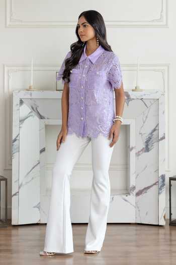 DAREISS Purple Lace Collared Neck Embellished Shirt Online at Aza Fashions DAREISS_Purple Lace Collared Neck Embellished Shirt _Online_at_Aza_Fashions