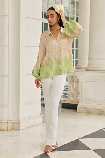 Buy DAREISS Green Silk, Satin Collared Neck Ember Hand Embroidered Shirt Online at Aza Fashions Buy_DAREISS_Green Silk, Satin Collared Neck Ember Hand Embroidered Shirt _Online_at_Aza_Fashions