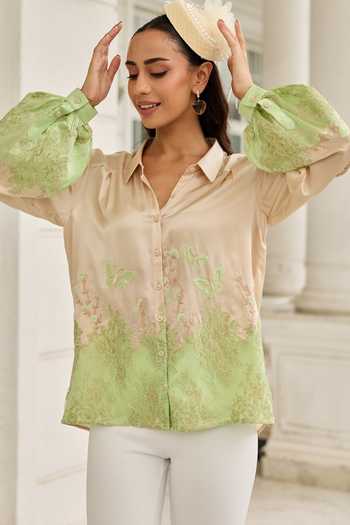 Shop DAREISS Green Silk, Satin Collared Neck Ember Hand Embroidered Shirt Online at Aza Fashions Shop_DAREISS_Green Silk, Satin Collared Neck Ember Hand Embroidered Shirt _Online_at_Aza_Fashions