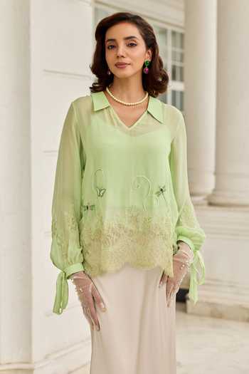DAREISS Green Silk, Chiffon V-neck Dragonfly Hand Embroidered Top Online at Aza Fashions DAREISS_Green Silk, Chiffon V-neck Dragonfly Hand Embroidered Top _Online_at_Aza_Fashions