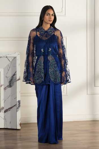 Buy DAREISS Blue Silk, Satin, Lace, Chantilly Collared Coronelle Hand Embroidered Cape Set Online at Aza Fashions Buy_DAREISS_Blue Silk, Satin, Lace, Chantilly Collared Coronelle Hand Embroidered Cape Set _Online_at_Aza_Fashions