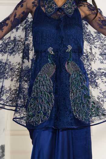 DAREISS Blue Silk, Satin, Lace, Chantilly Collared Coronelle Hand Embroidered Cape Set at Aza Fashions DAREISS_Blue Silk, Satin, Lace, Chantilly Collared Coronelle Hand Embroidered Cape Set _at_Aza_Fashions
