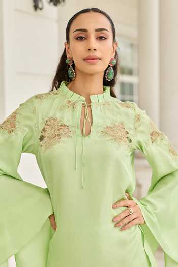 DAREISS_Green Silk, Twill Keyhole Neck Reverie Top _Online_at_Aza_Fashions