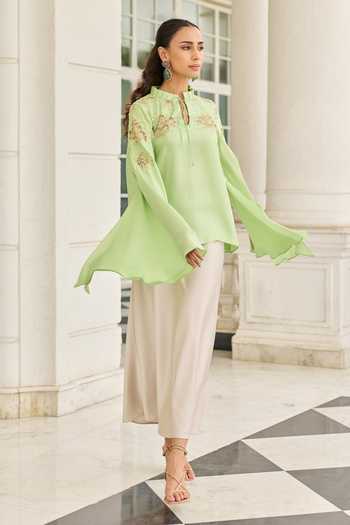 Shop_DAREISS_Green Silk, Twill Keyhole Neck Reverie Top _Online_at_Aza_Fashions