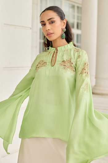 DAREISS_Green Silk, Twill Keyhole Neck Reverie Top _at_Aza_Fashions