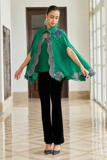 Buy DAREISS Emerald Green Silk, Crepe Collared Neck Veloura Hand-embroidered Cape Online at Aza Fashions Buy_DAREISS_Emerald Green Silk, Crepe Collared Neck Veloura Hand-embroidered Cape _Online_at_Aza_Fashions