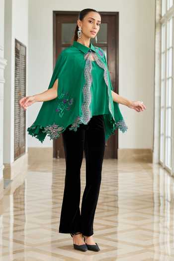 Shop DAREISS Emerald Green Silk, Crepe Collared Neck Veloura Hand-embroidered Cape Online at Aza Fashions Shop_DAREISS_Emerald Green Silk, Crepe Collared Neck Veloura Hand-embroidered Cape _Online_at_Aza_Fashions