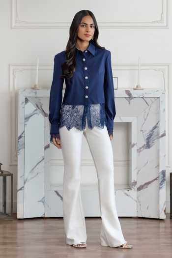 DAREISS Blue Cotton, Poplin Collared Neck Lace Hem Shirt Online at Aza Fashions DAREISS_Blue Cotton, Poplin Collared Neck Lace Hem Shirt _Online_at_Aza_Fashions