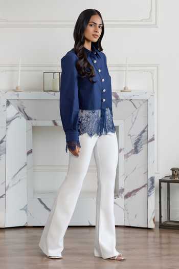 Buy DAREISS Blue Cotton, Poplin Collared Neck Lace Hem Shirt Online at Aza Fashions Buy_DAREISS_Blue Cotton, Poplin Collared Neck Lace Hem Shirt _Online_at_Aza_Fashions