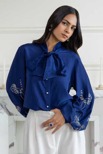 DAREISS Blue Silk Amariel Hand Embroidered Shirt at Aza Fashions DAREISS_Blue Silk Amariel Hand Embroidered Shirt _at_Aza_Fashions