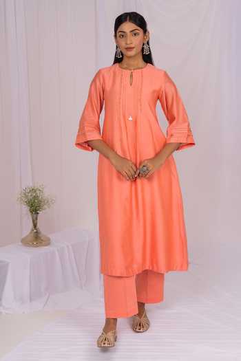 Mushio Pintuck Floral Lace Chanderi Kurta 