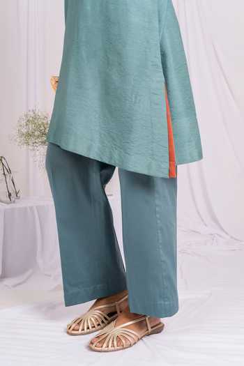 Mushio_Teal Silk, Cotton Split V-neck, Yes Yoke Embroidered Kurta _Online_at_Aza_Fashions