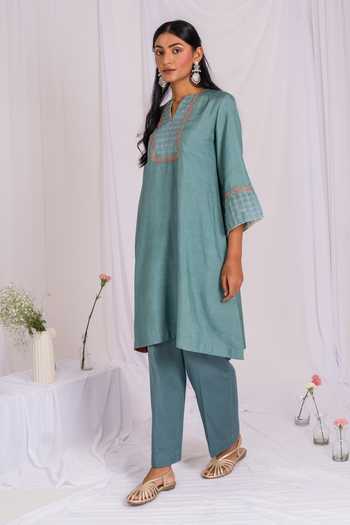 Mushio_Teal Silk, Cotton Split V-neck, Yes Yoke Embroidered Kurta _at_Aza_Fashions