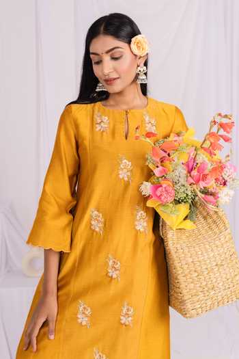 Shop_Mushio_Mustard Chanderi Keyhole Neck Embroidered Kurta _Online_at_Aza_Fashions