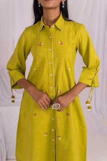 Mushio_Green Linen Collared Neck Hand Embroidered Kurta _Online_at_Aza_Fashions