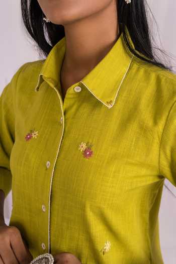 Shop_Mushio_Green Linen Collared Neck Hand Embroidered Kurta _Online_at_Aza_Fashions