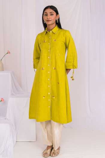 Buy_Mushio_Green Linen Collared Neck Hand Embroidered Kurta 