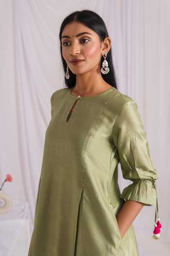 Shop_Mushio_Green Chanderi Keyhole Neck Hand Embellished Kurta _Online_at_Aza_Fashions