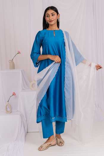 Shop_Mushio_Blue Chanderi Keyhole Neck, Yes Lace Hem Kurta _Online_at_Aza_Fashions