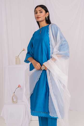 Mushio_Blue Chanderi Keyhole Neck, Yes Lace Hem Kurta _at_Aza_Fashions